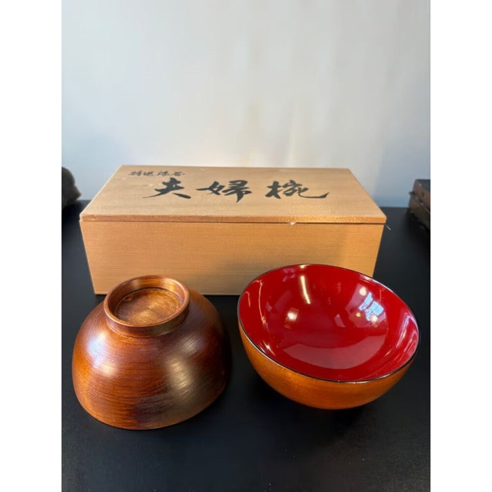 Japanese Meoto Wan Lacquer Rice Bowls Pair Red Interior Kiri Wood Box